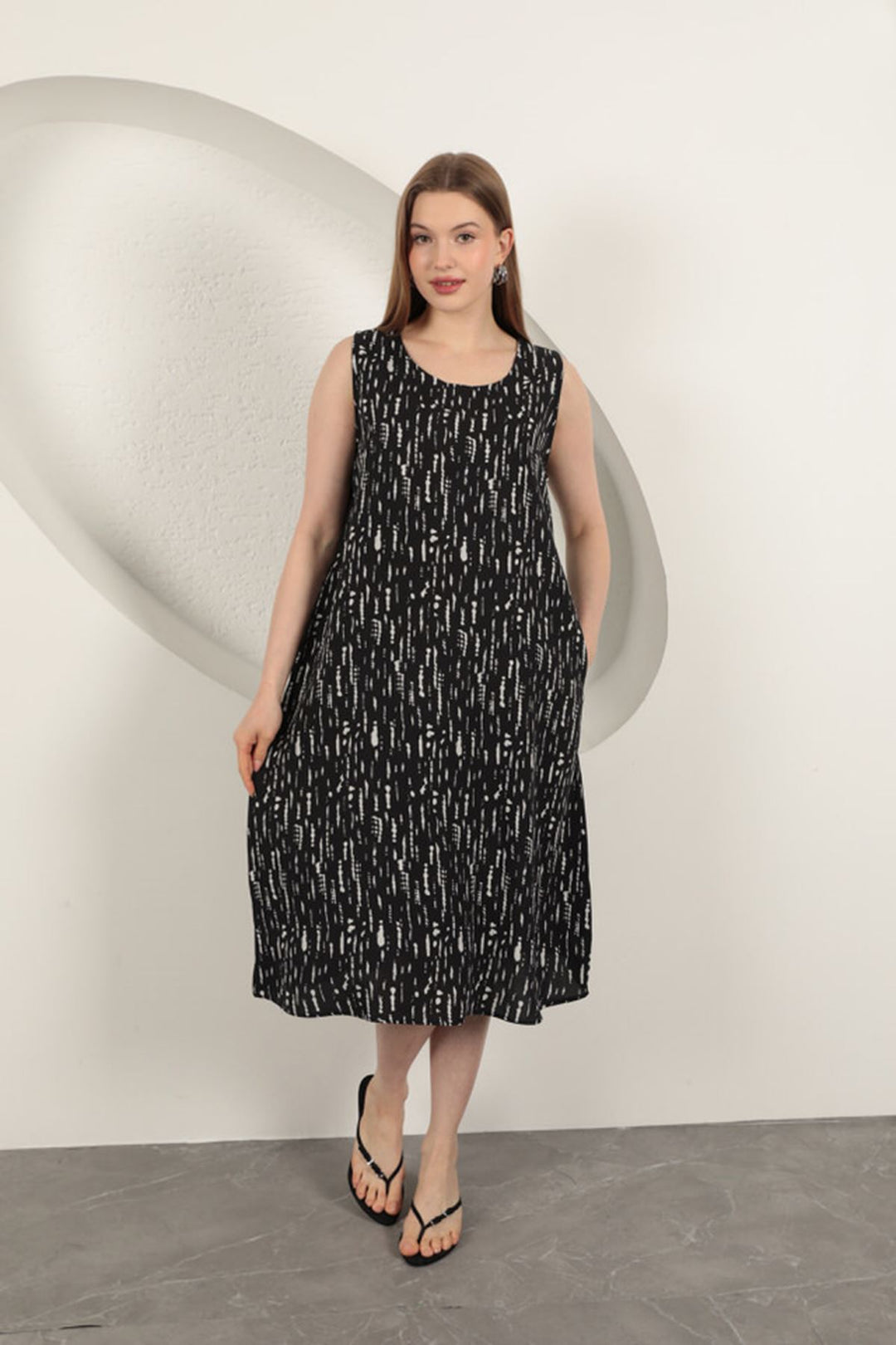 KKT Viscose Fabric Patterned Dress-Black - Scafati