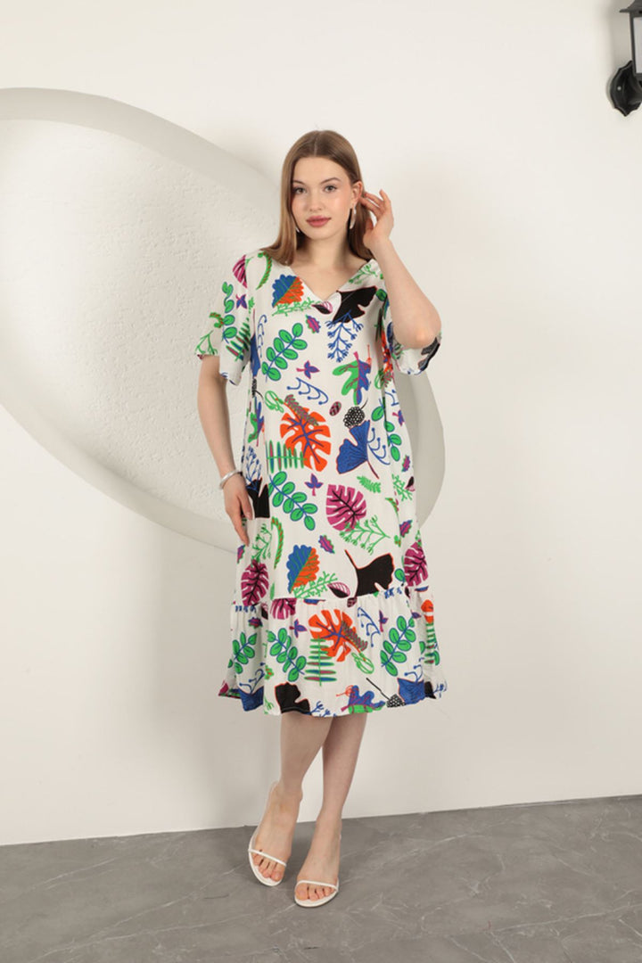 KKT Viscose Leaf Pattern Dress-Ecru - Orland Park