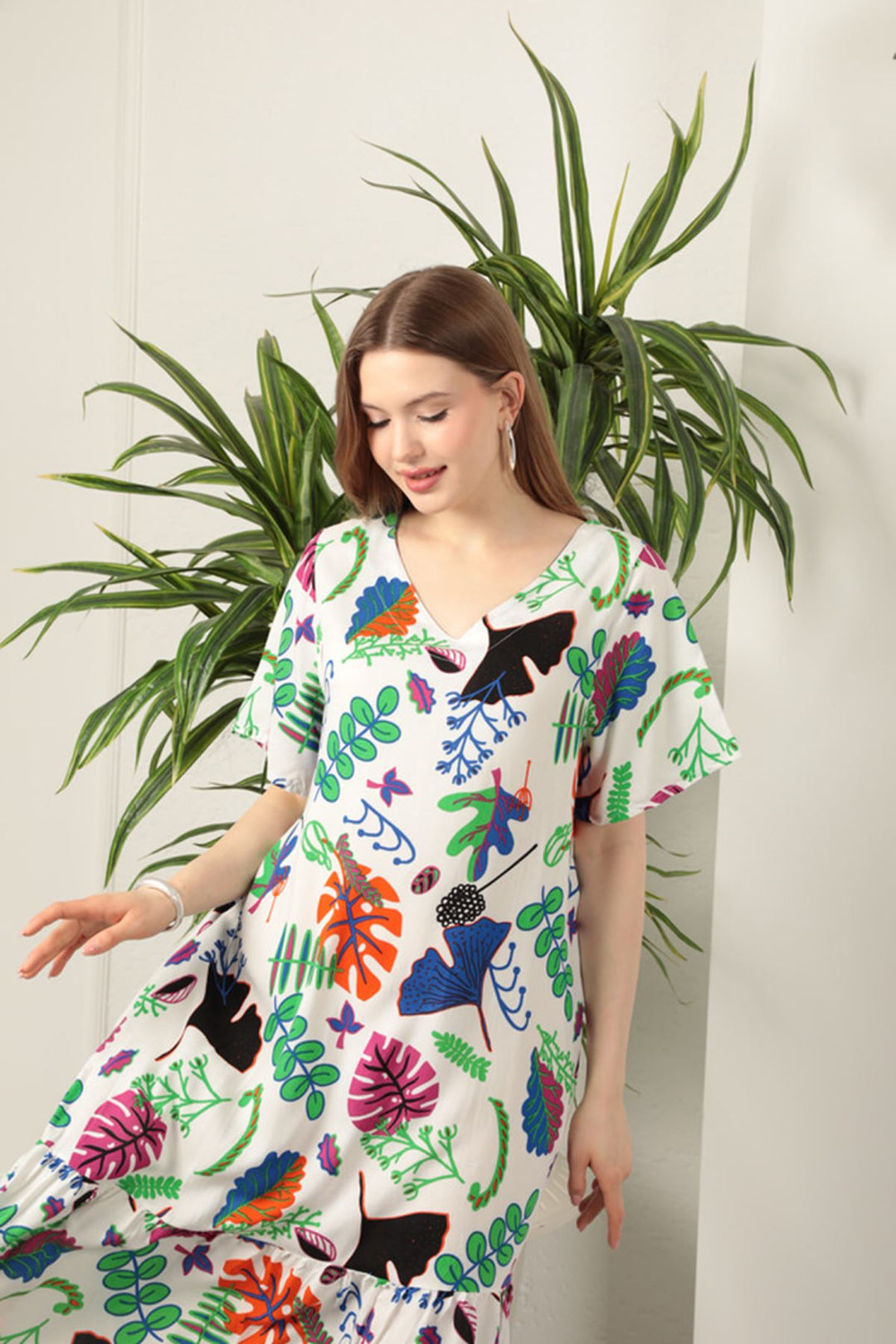 KKT Viscose Leaf Pattern Dress-Ecru - Orland Park