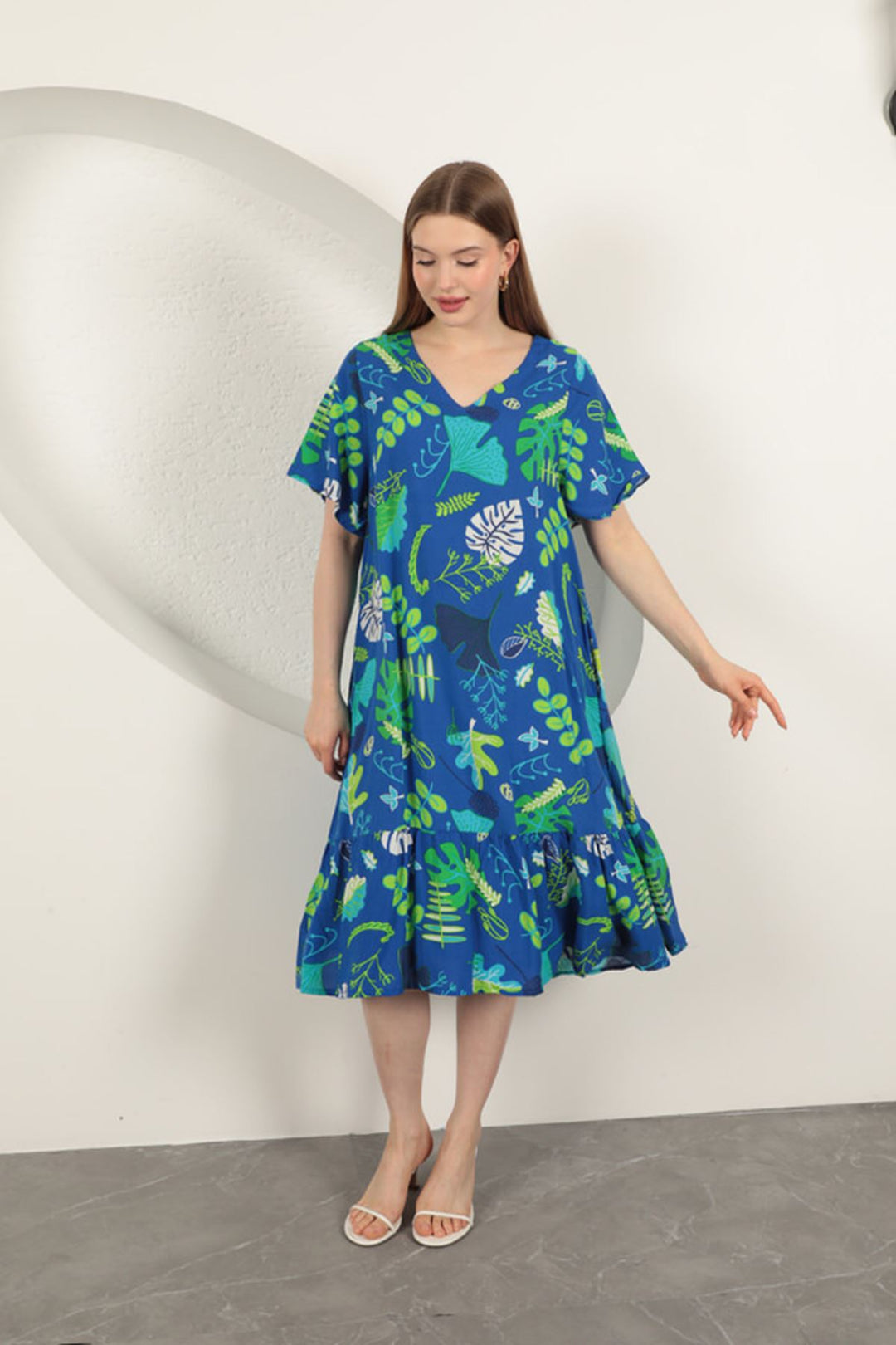 KKT Viscose Leaf Pattern Dress-Sax - Huntington Station