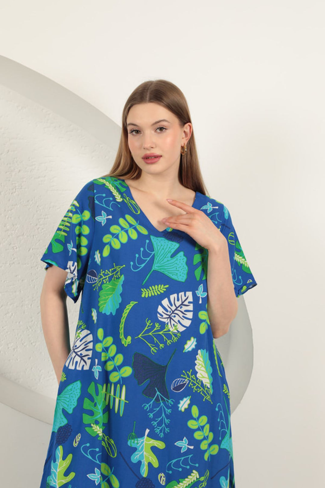 KKT Viscose Leaf Pattern Dress-Sax - Huntington Station