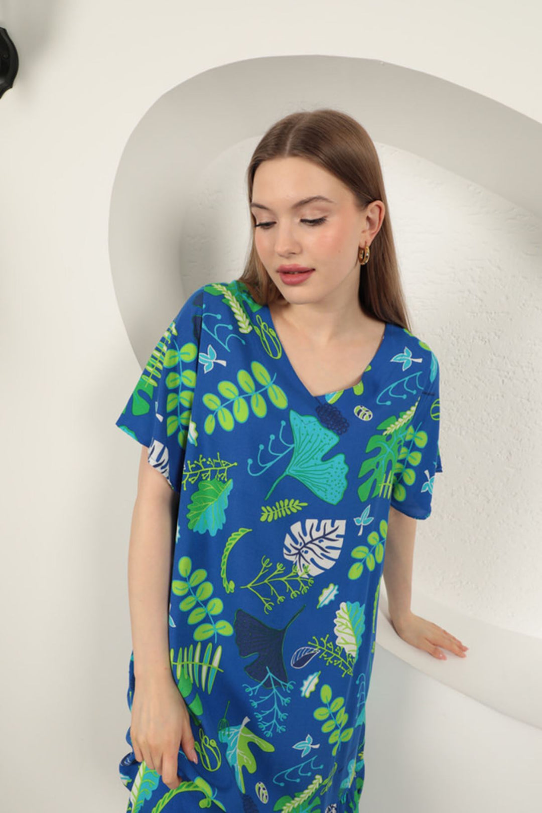KKT Viscose Leaf Pattern Dress-Sax - Huntington Station