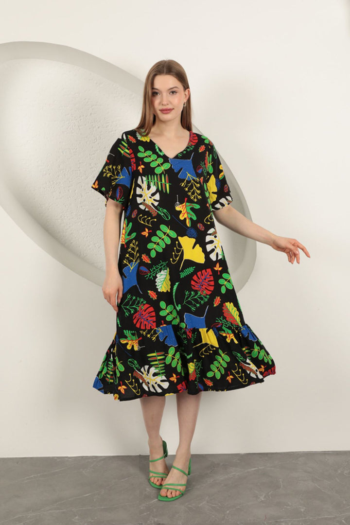 KKT Viscose Leaf Pattern Dress-Black - Avezzano