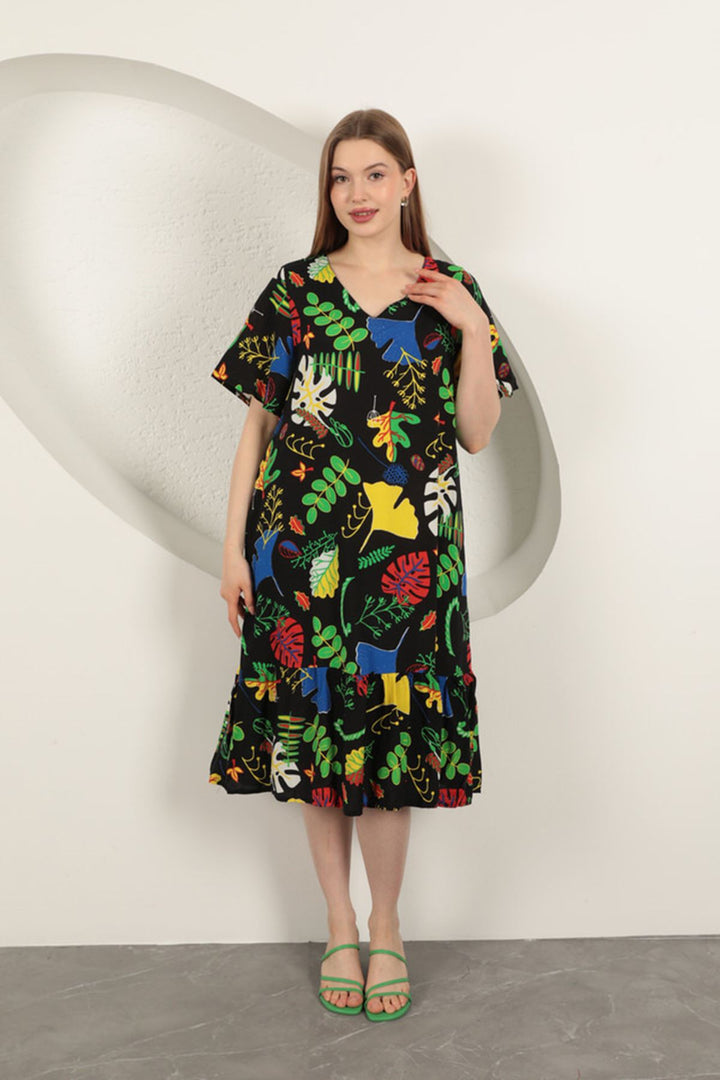 KKT Viscose Leaf Pattern Dress-Black - Avezzano