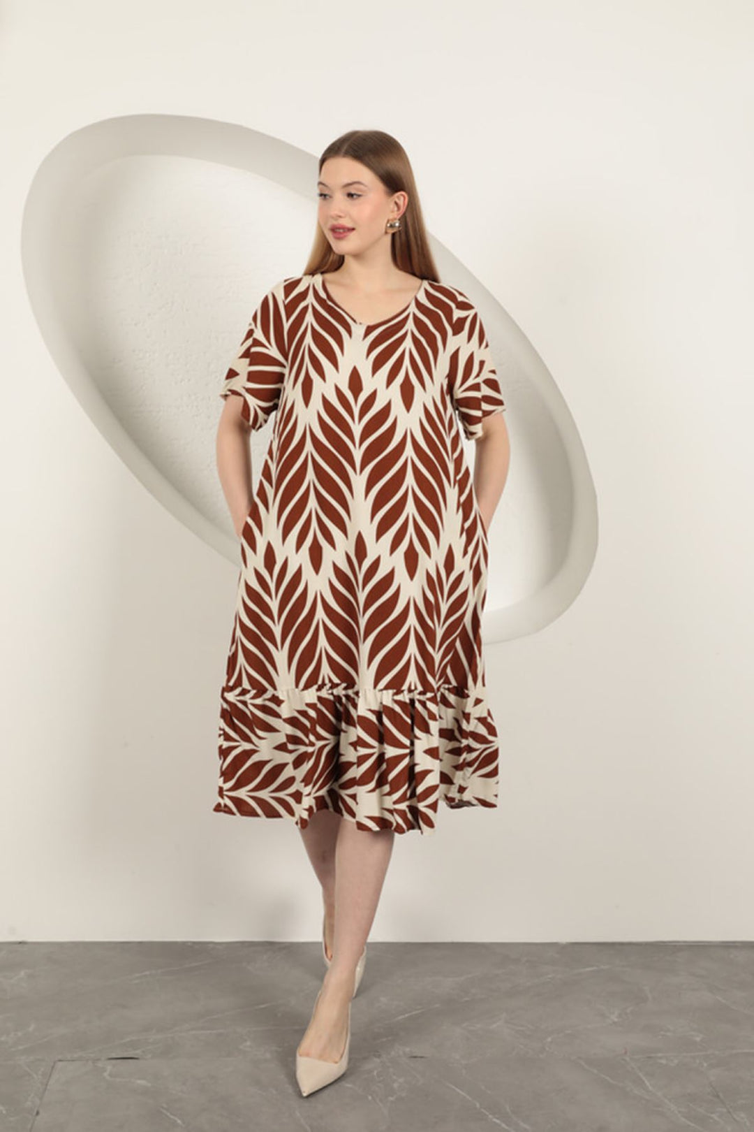 KKT Viscose Fabric Leaf Pattern Dress-Coffee - Beaverton
