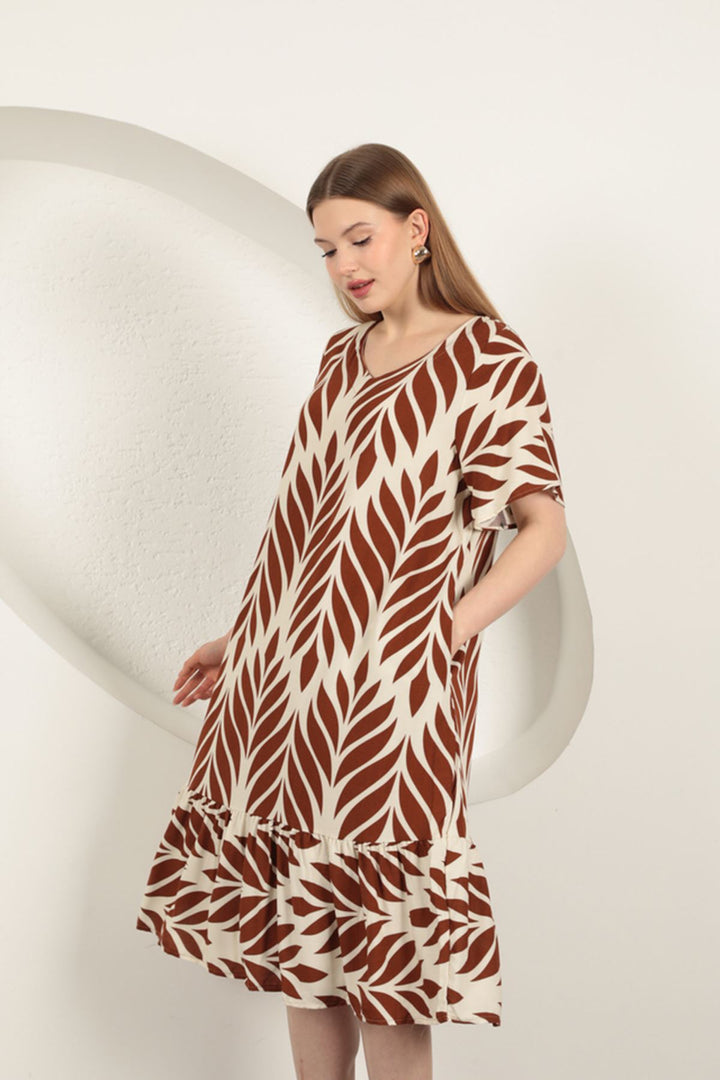 KKT Viscose Fabric Leaf Pattern Dress-Coffee - Beaverton