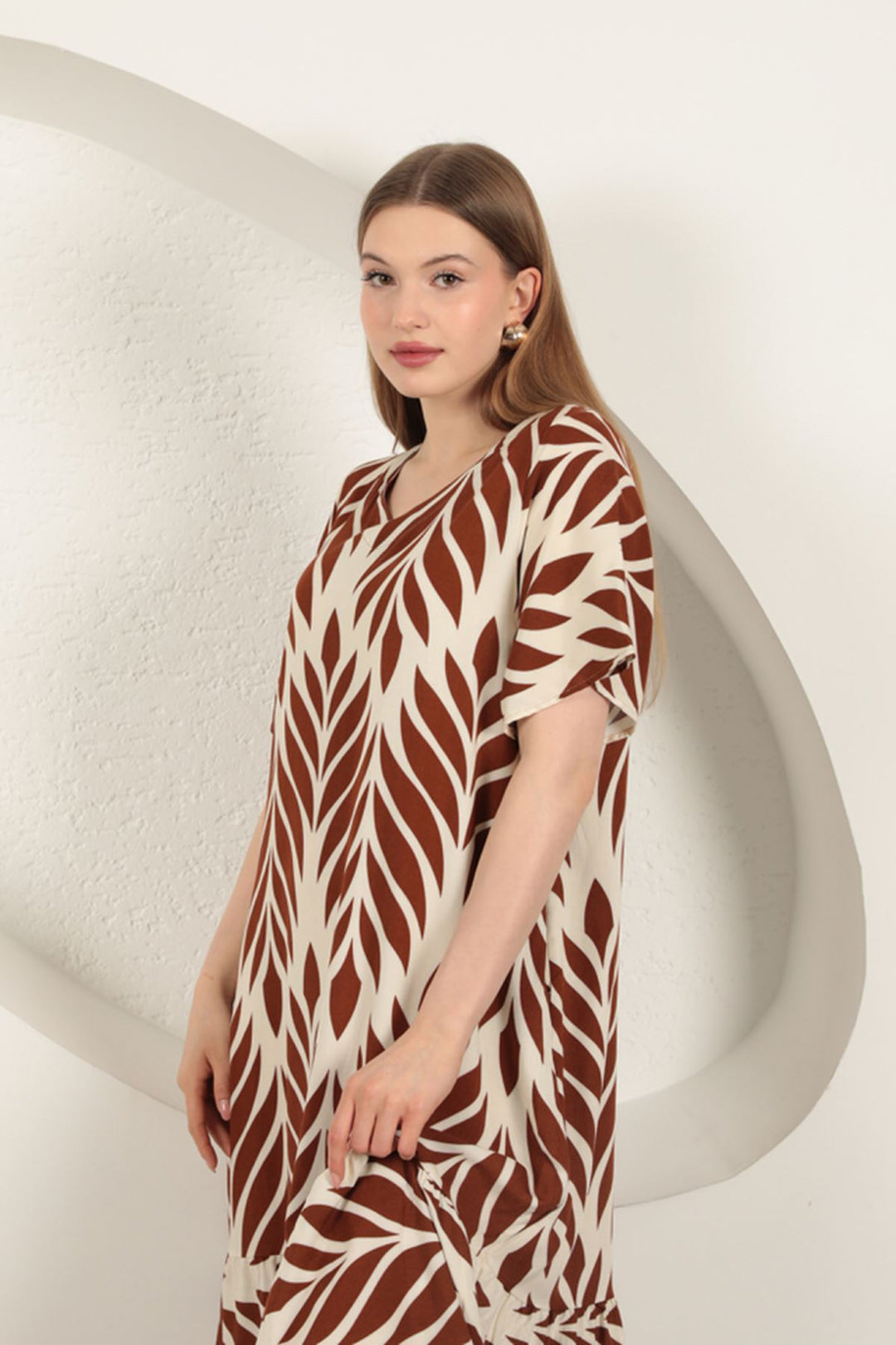 KKT Viscose Fabric Leaf Pattern Dress-Coffee - Beaverton