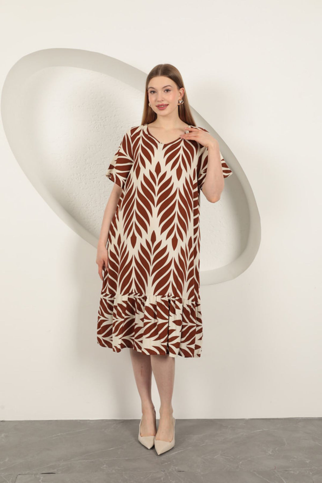 KKT Viscose Fabric Leaf Pattern Dress-Coffee - Beaverton