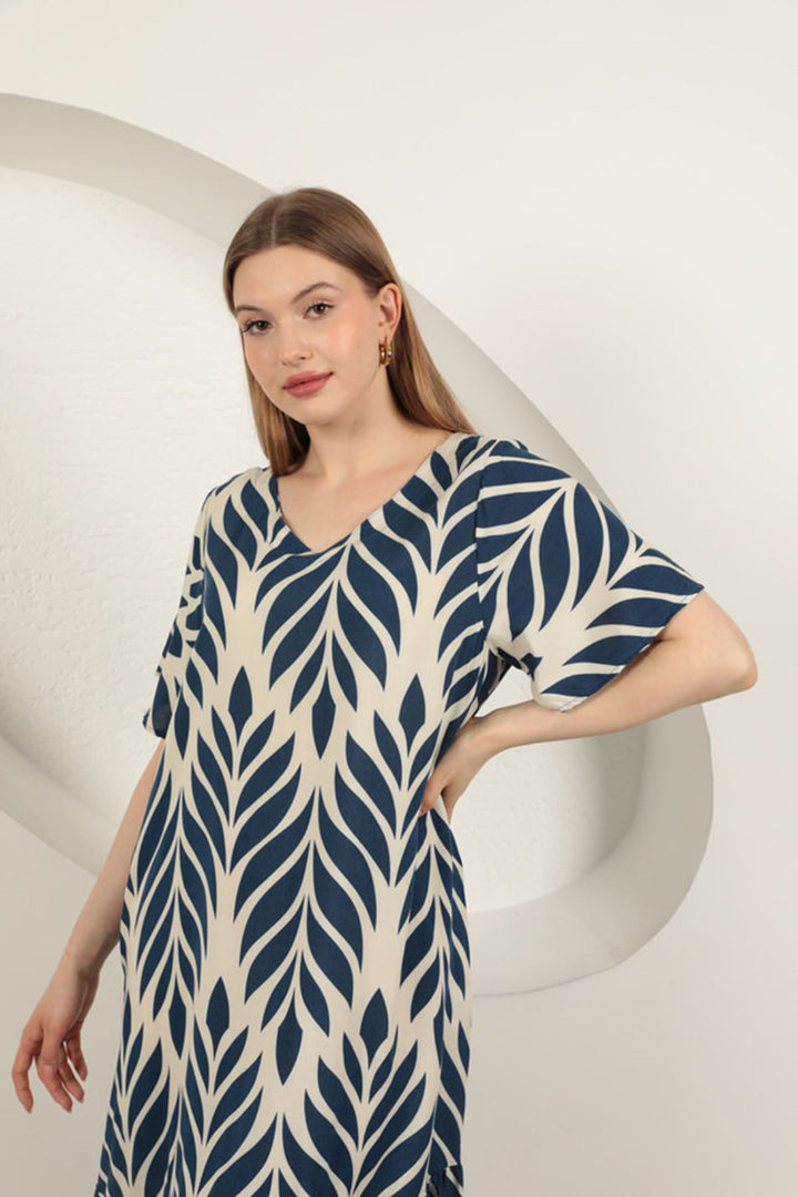 KKT Viscose Fabric Leaf Pattern Dress-Navy Blue - Santa María Atzompa