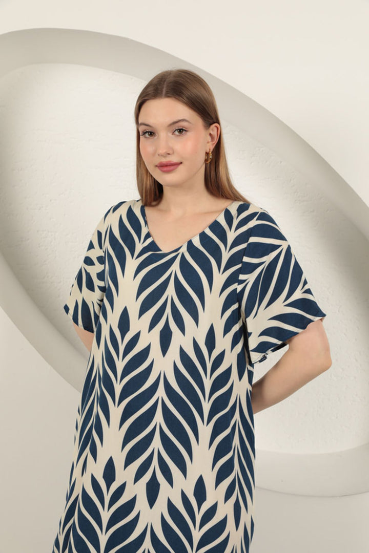 KKT Viscose Fabric Leaf Pattern Dress-Navy Blue - Santa María Atzompa