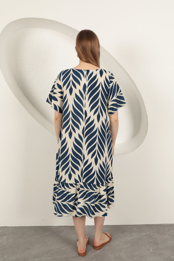 KKT Viscose Fabric Leaf Pattern Dress-Navy Blue - Santa María Atzompa