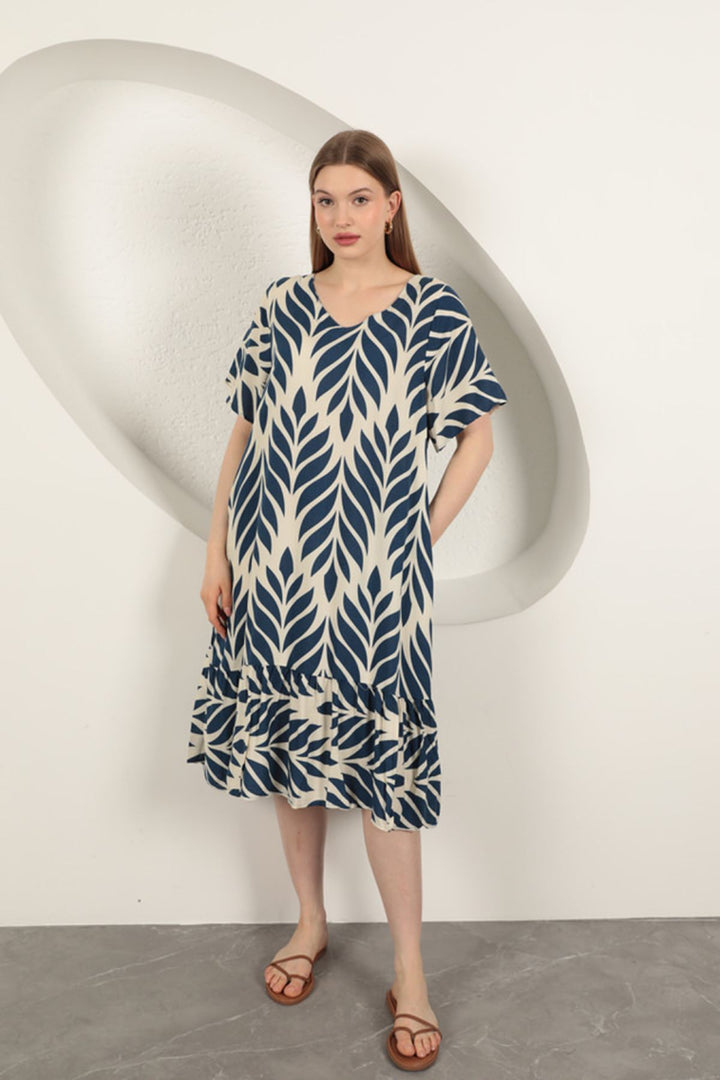 KKT Viscose Fabric Leaf Pattern Dress-Navy Blue - Santa María Atzompa