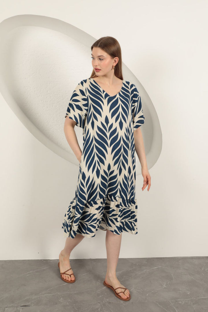 KKT Viscose Fabric Leaf Pattern Dress-Navy Blue - Santa María Atzompa