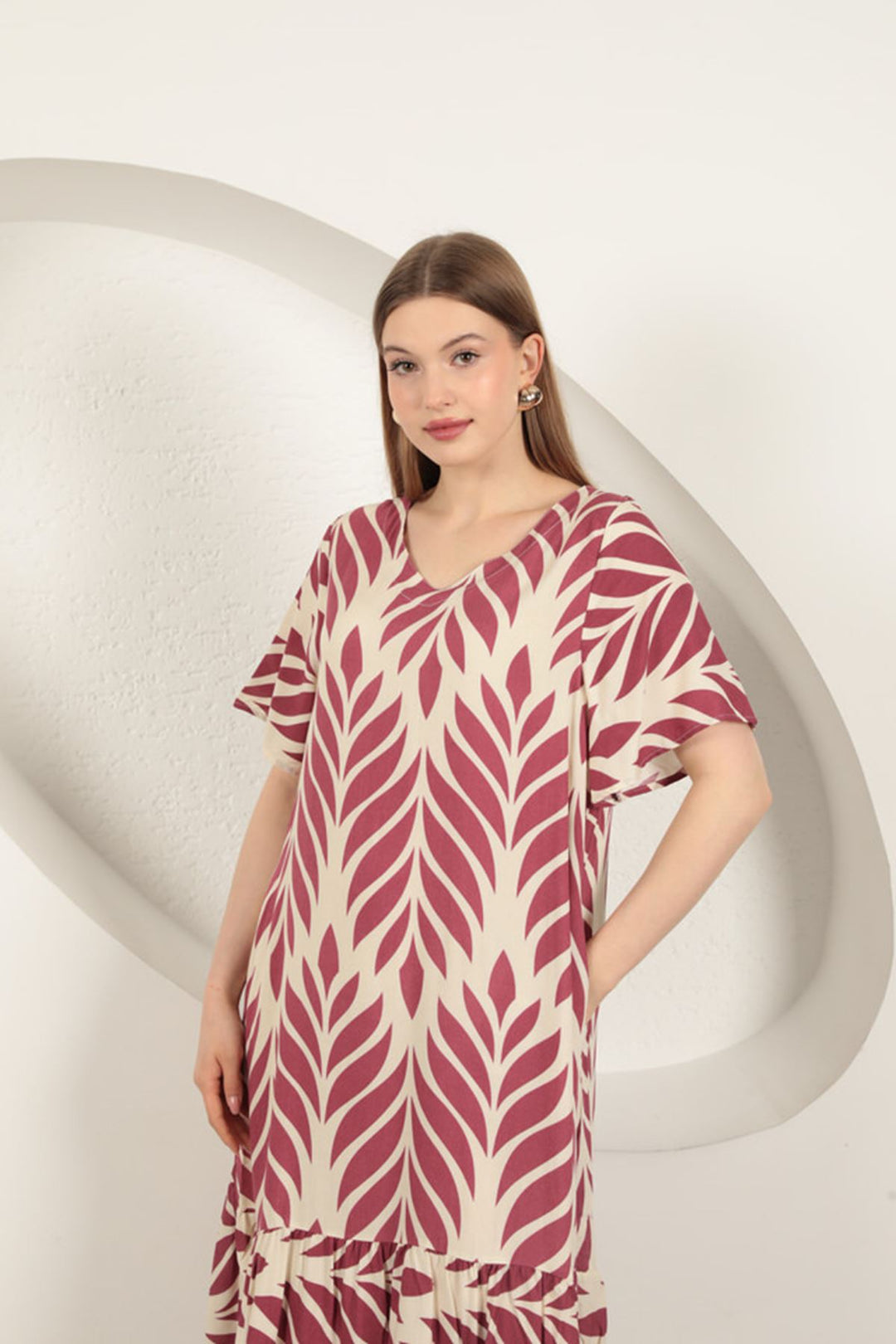 KKT Viscose Fabric Leaf Pattern Dress-Plum - Des Moines
