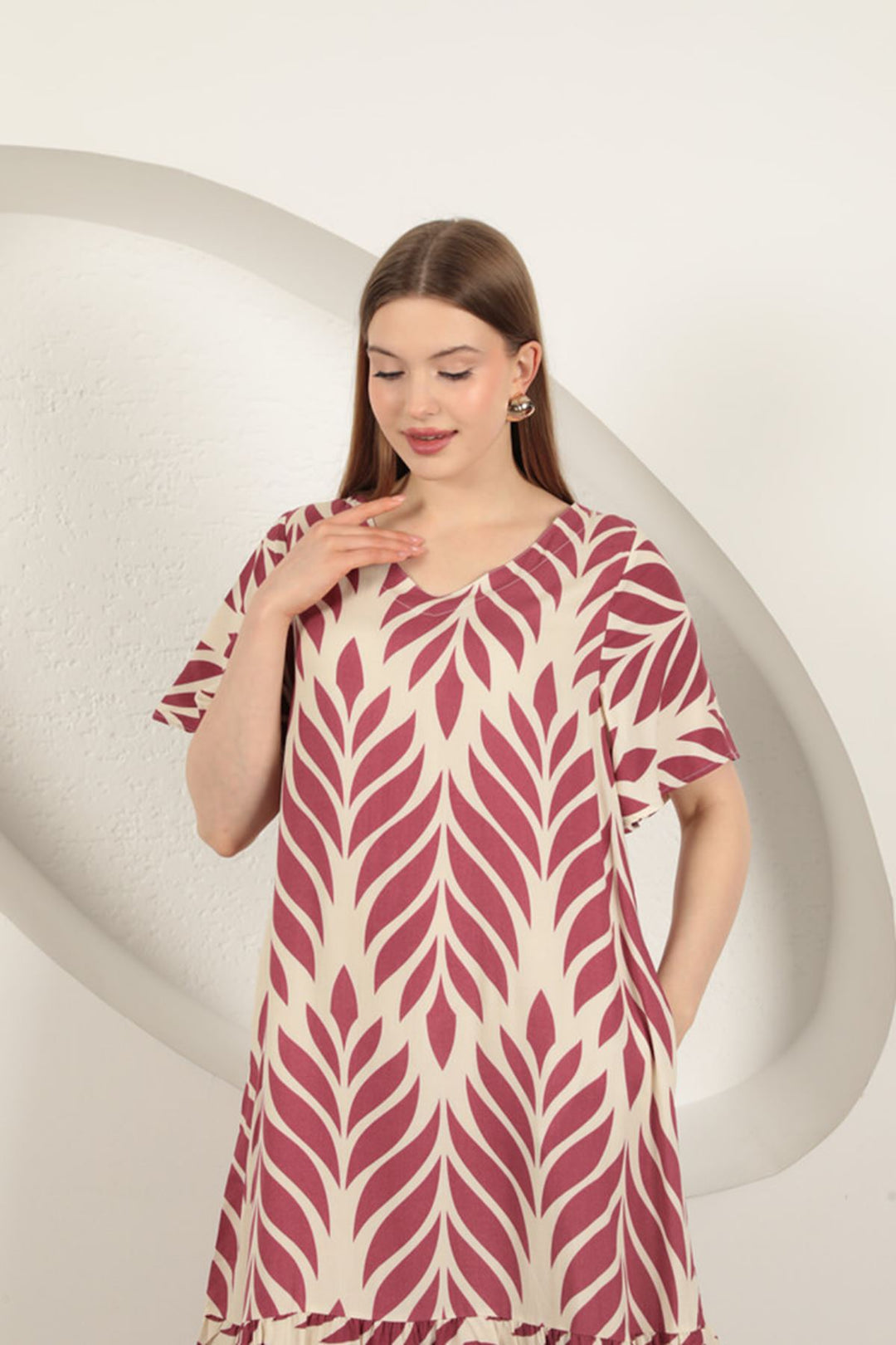 KKT Viscose Fabric Leaf Pattern Dress-Plum - Des Moines