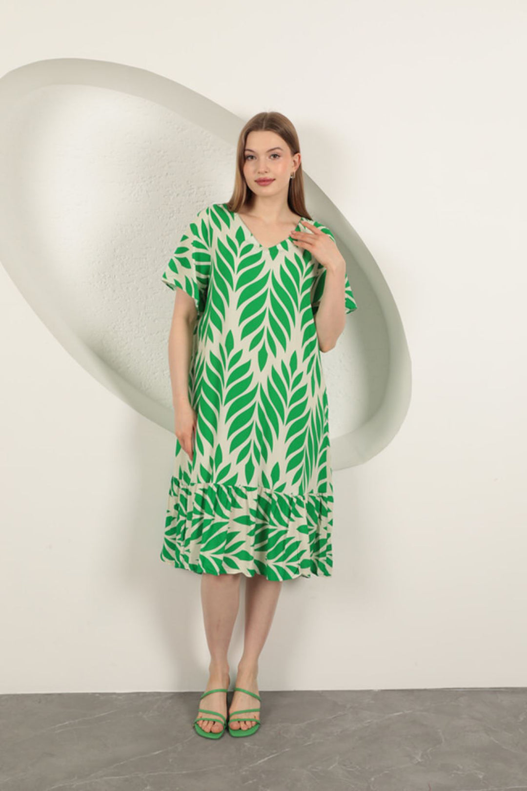 KKT Viscose Fabric Leaf Pattern Dress-Green - Levittown