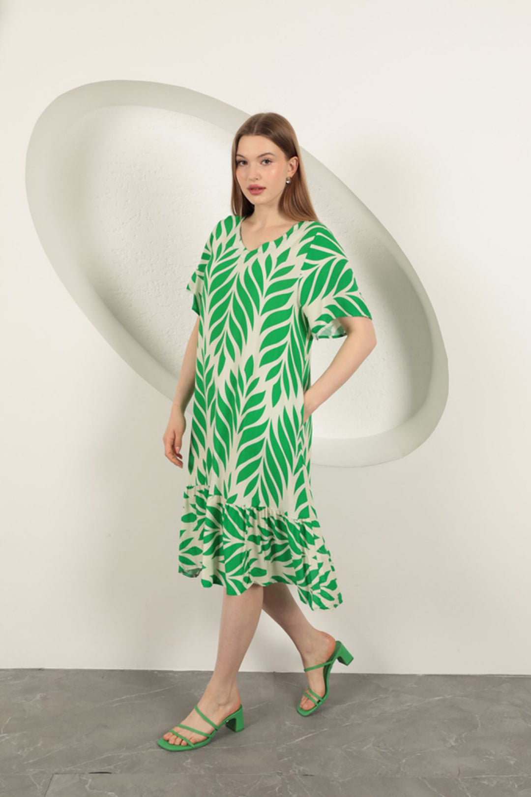 KKT Viscose Fabric Leaf Pattern Dress-Green - Levittown