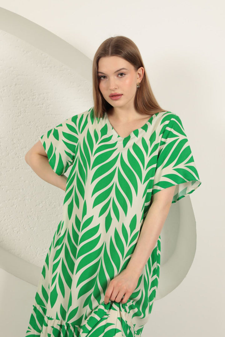 KKT Viscose Fabric Leaf Pattern Dress-Green - Levittown