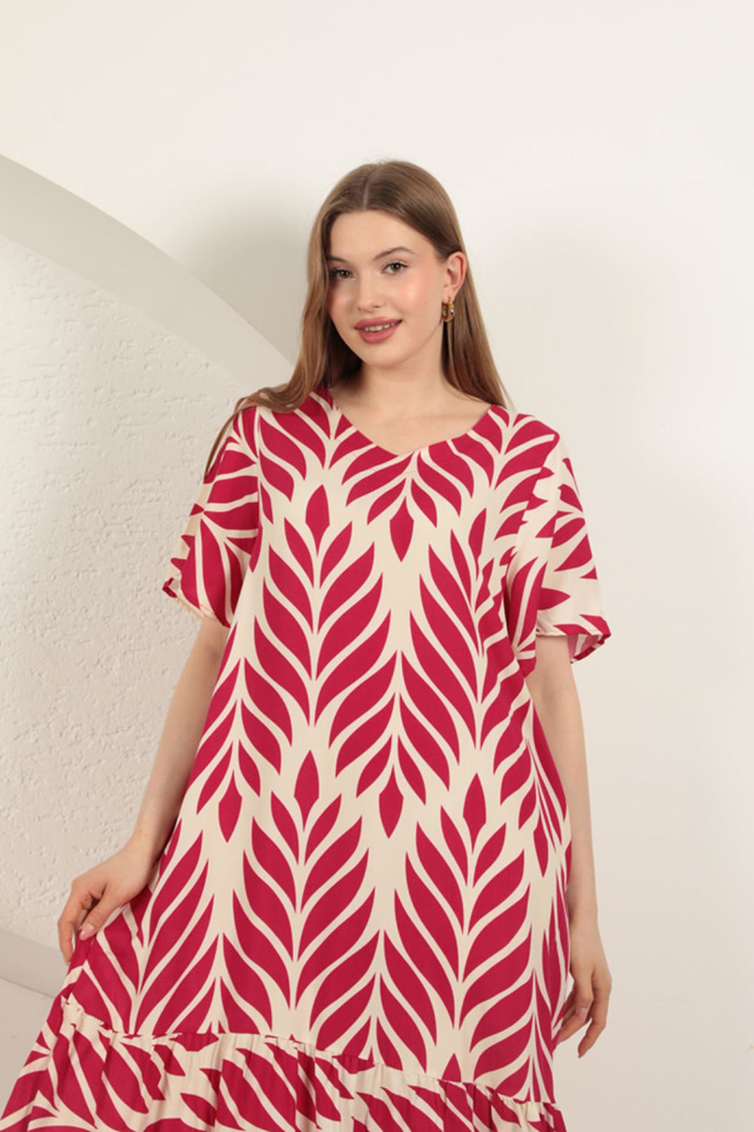 KKT Viscose Fabric Leaf Pattern Dress-Fuchsia - Linares