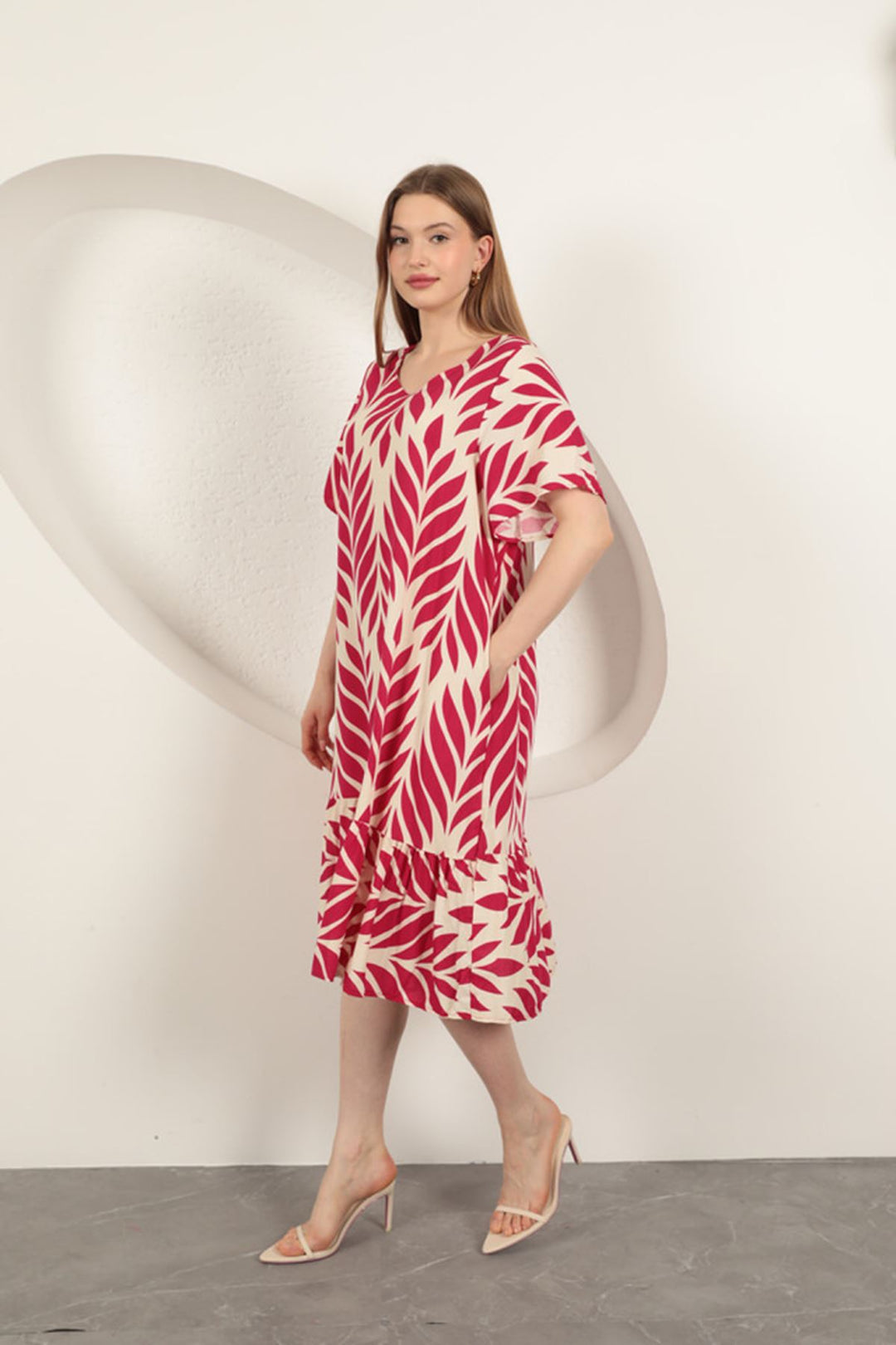 KKT Viscose Fabric Leaf Pattern Dress-Fuchsia - Linares