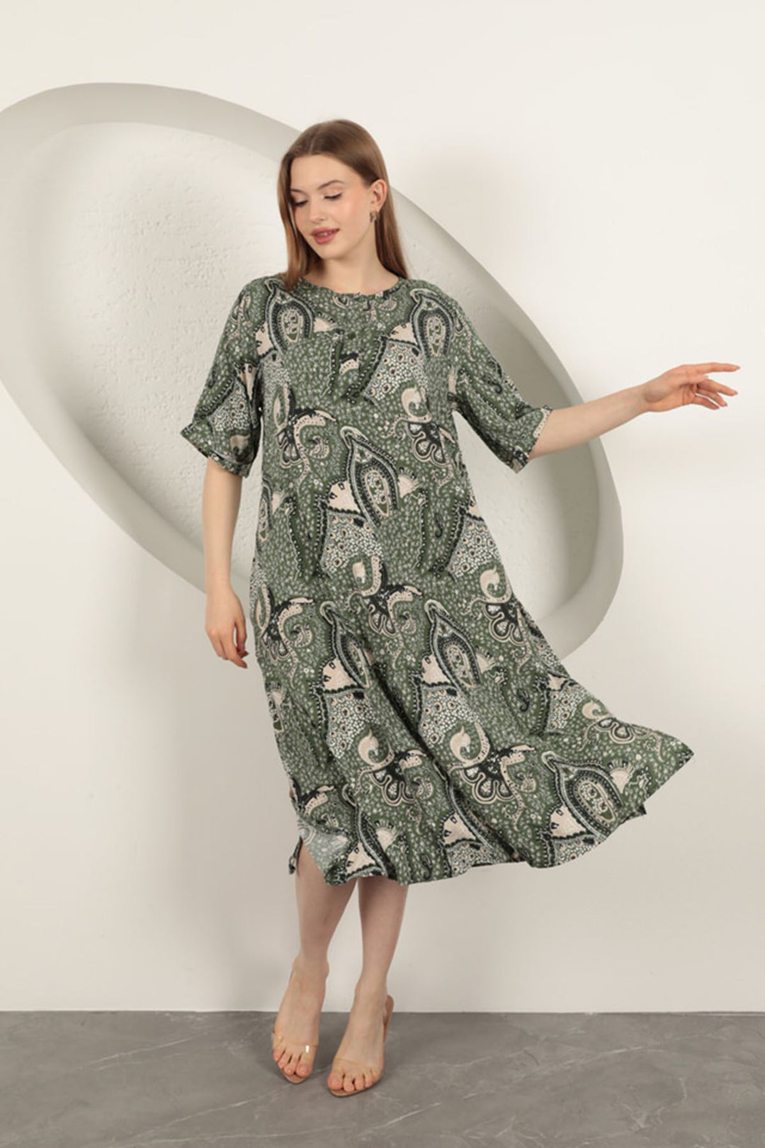 KKT Viscose Shawl Patterned Dress-Khaki - Huntsville
