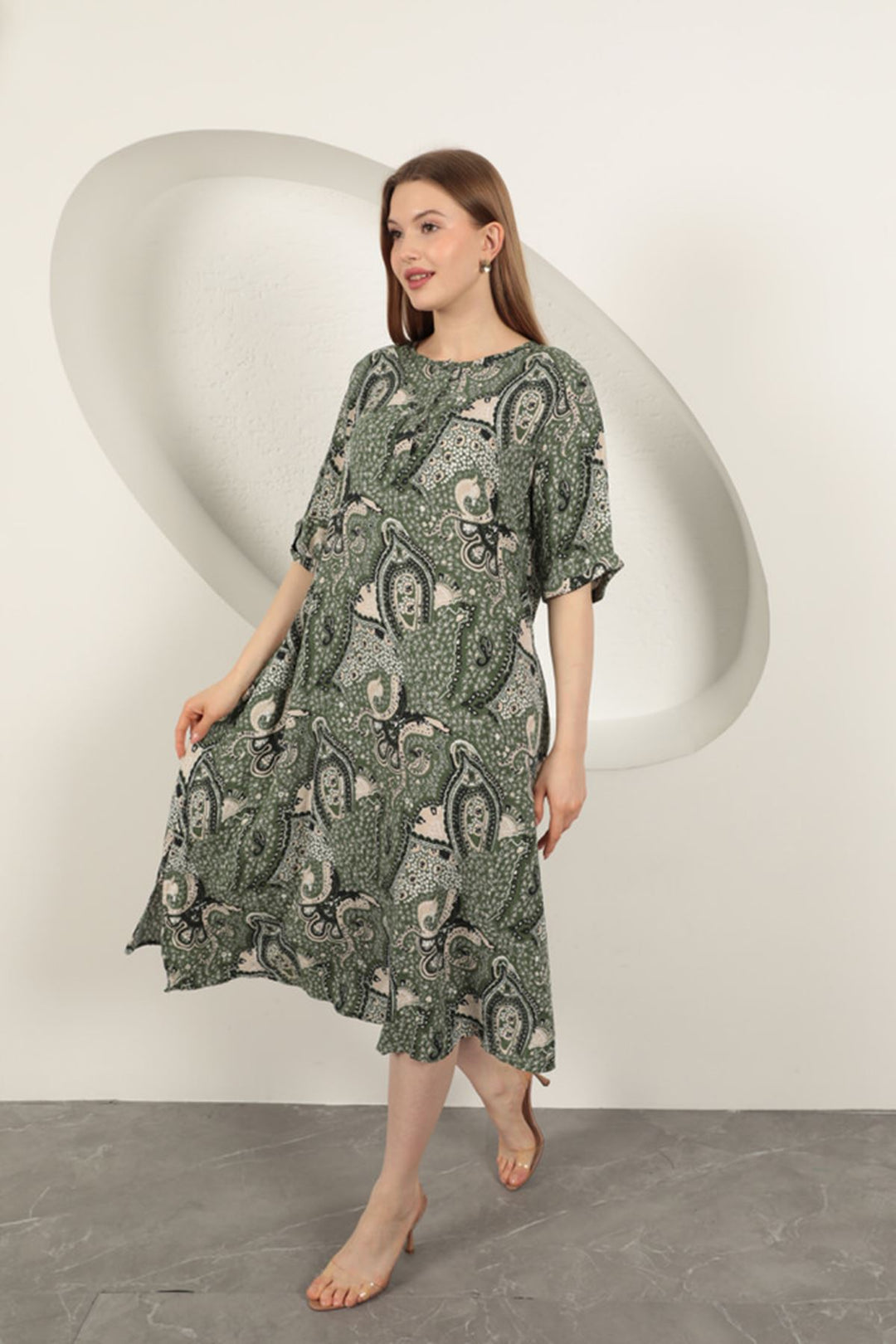 KKT Viscose Shawl Patterned Dress-Khaki - Huntsville