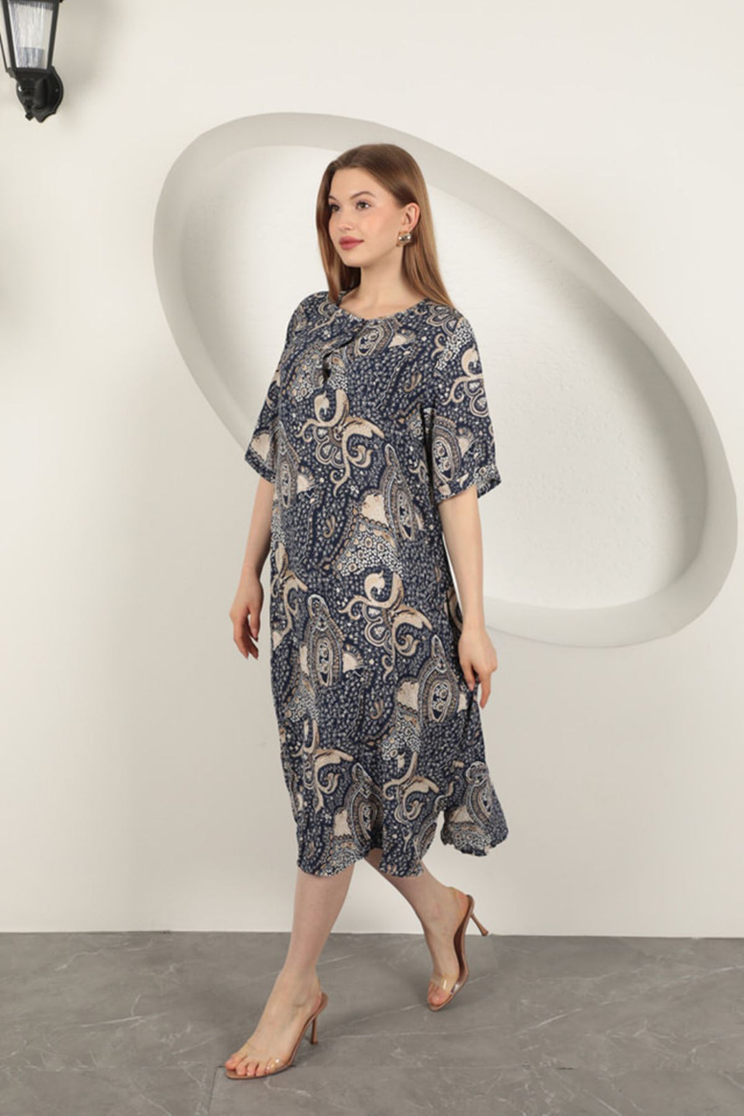 KKT Viscose Shawl Patterned Dress-Navy Blue - Terre Haute