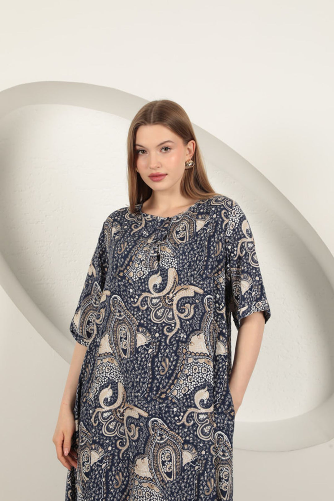 KKT Viscose Shawl Patterned Dress-Navy Blue - Terre Haute