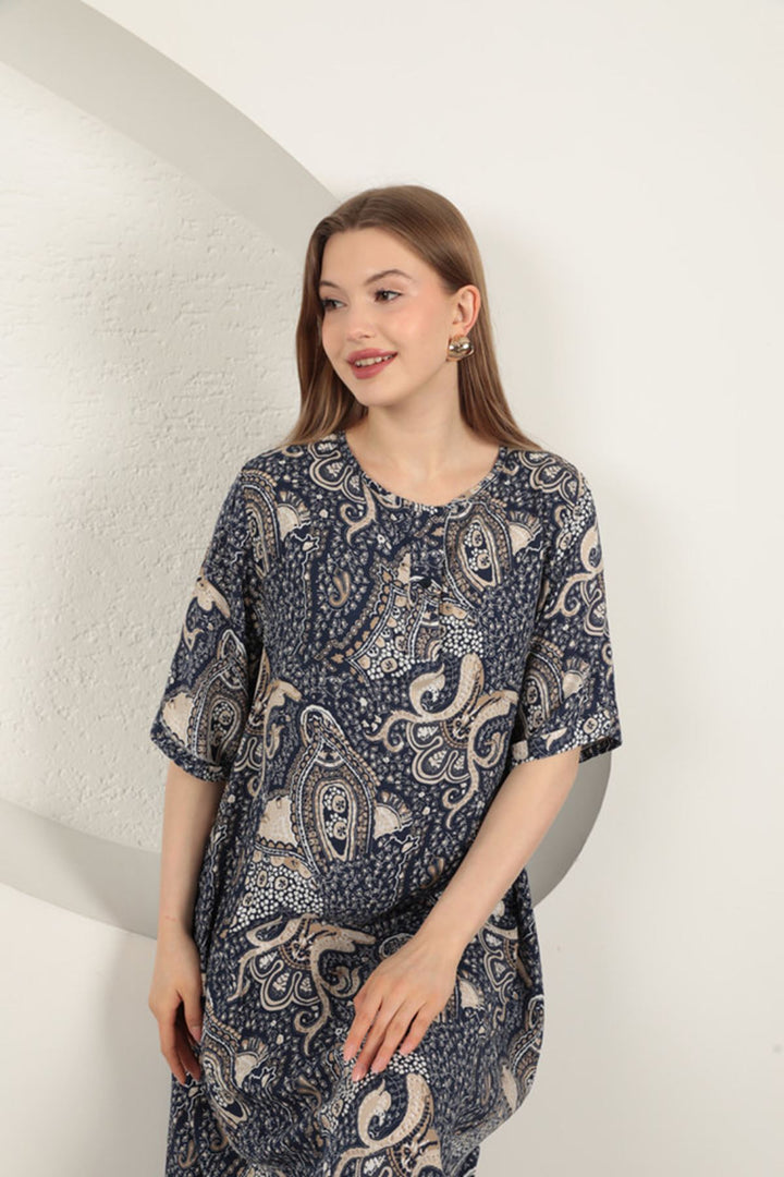 KKT Viscose Shawl Patterned Dress-Navy Blue - Terre Haute