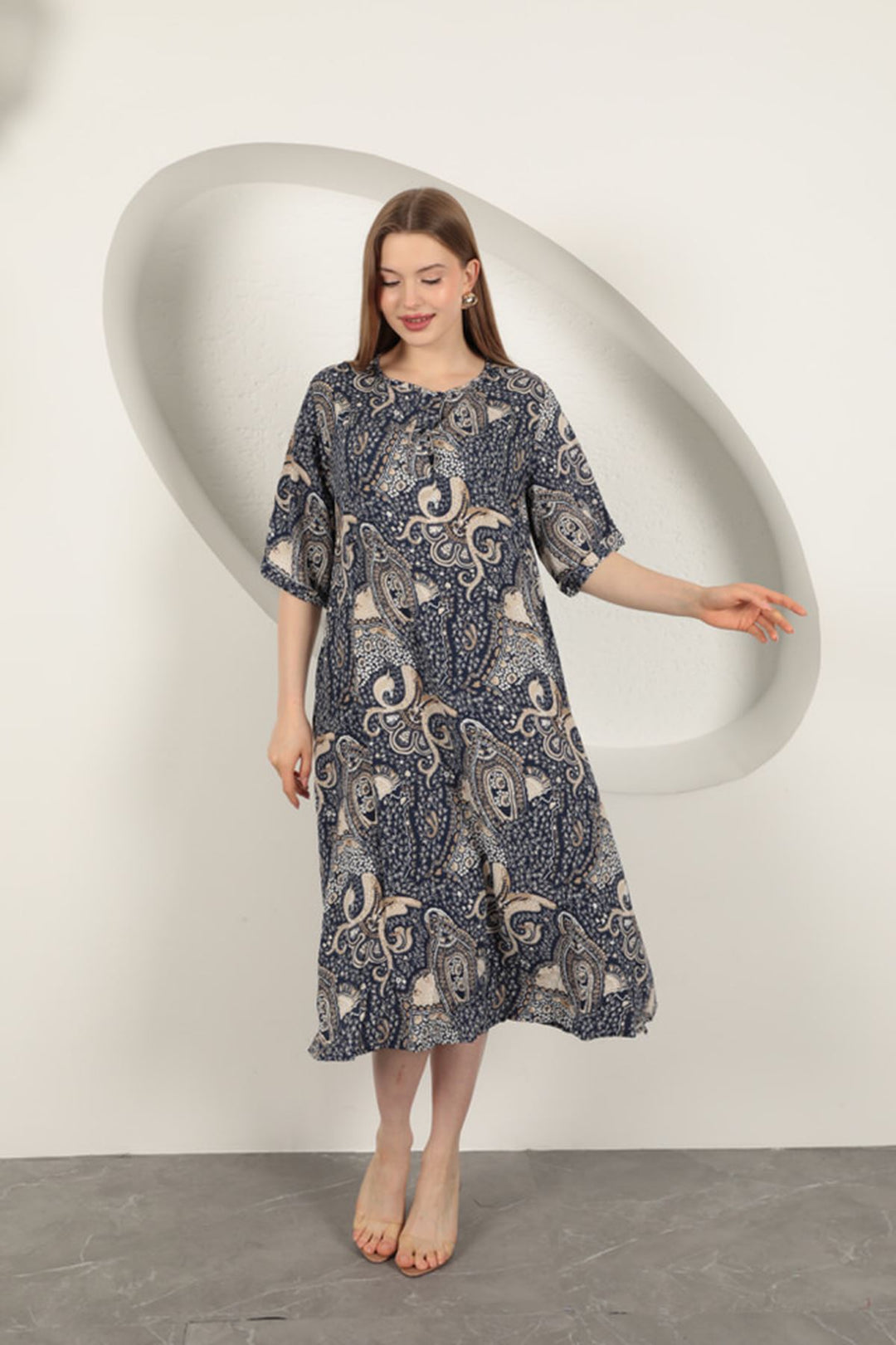 KKT Viscose Shawl Patterned Dress-Navy Blue - Terre Haute