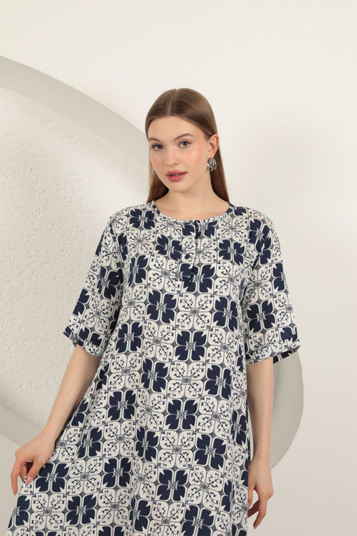 KKT Viscose Fabric Patterned Dress-Navy Blue - Monreale