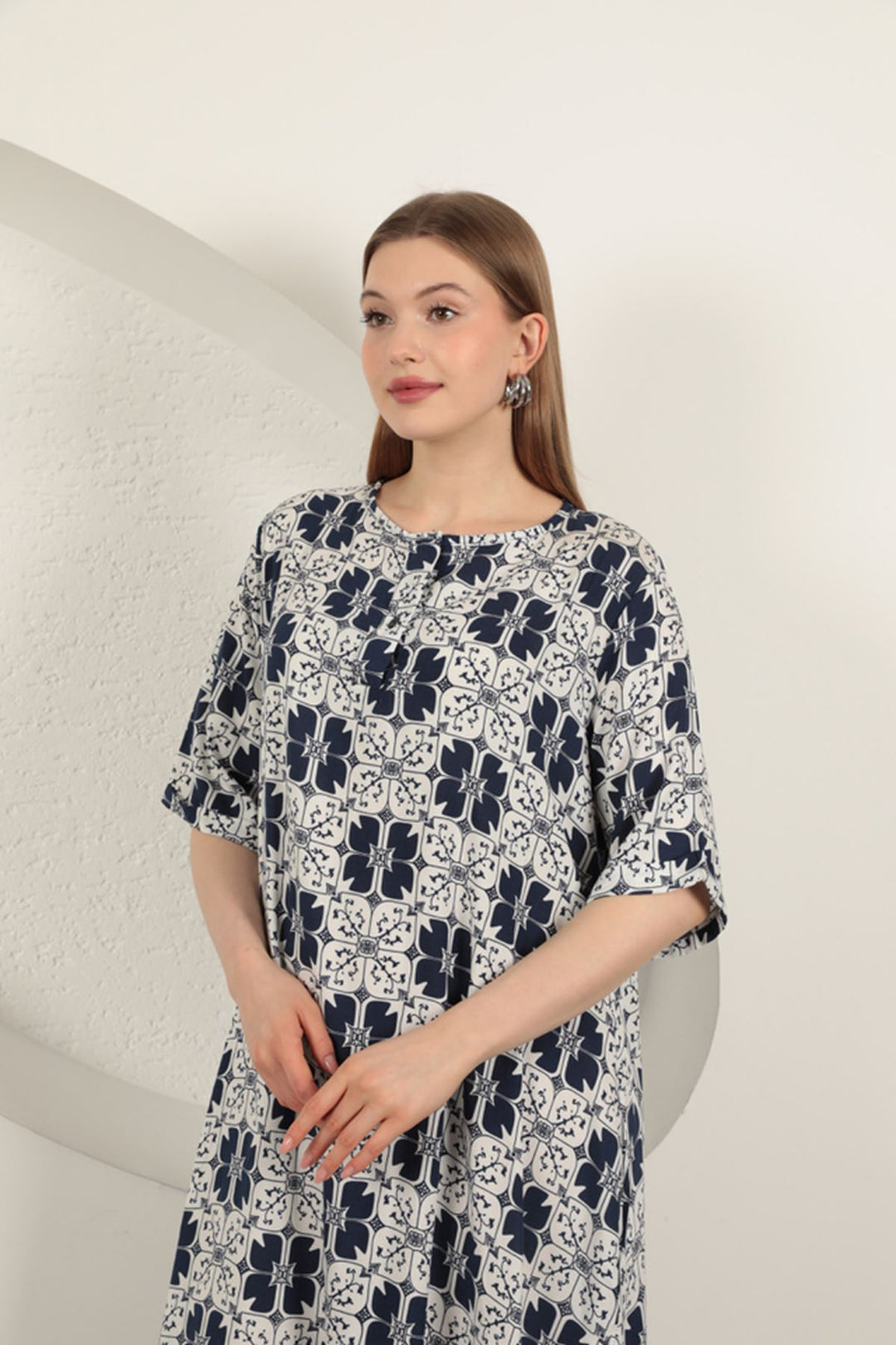 KKT Viscose Fabric Patterned Dress-Navy Blue - Monreale