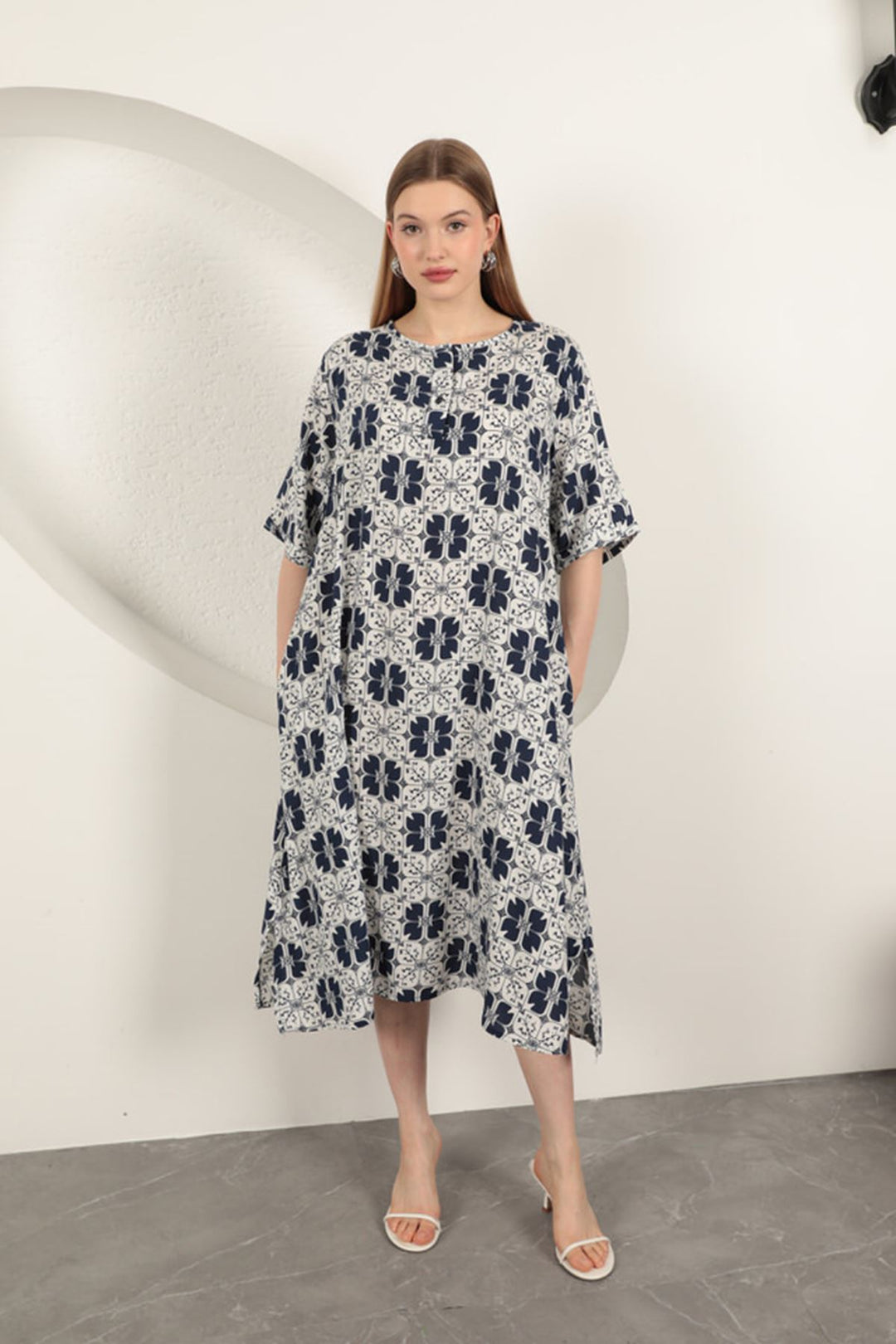 KKT Viscose Fabric Patterned Dress-Navy Blue - Monreale