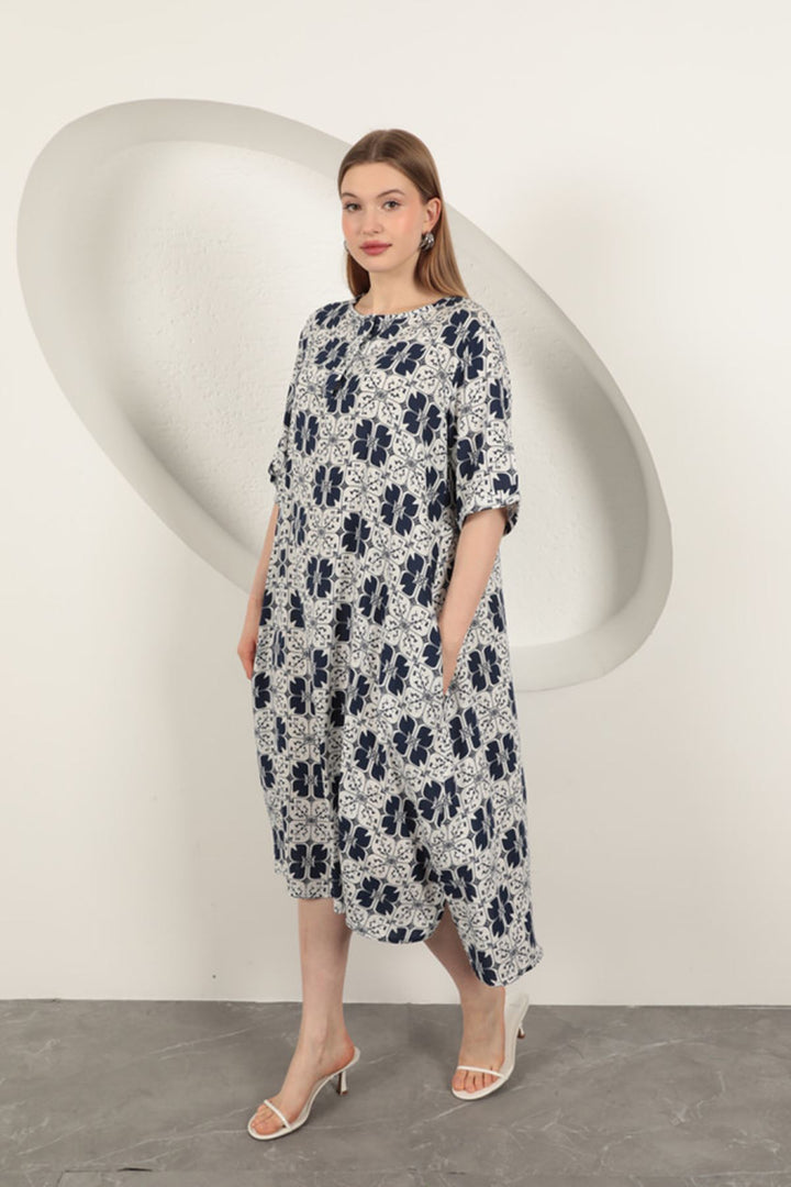 KKT Viscose Fabric Patterned Dress-Navy Blue - Monreale