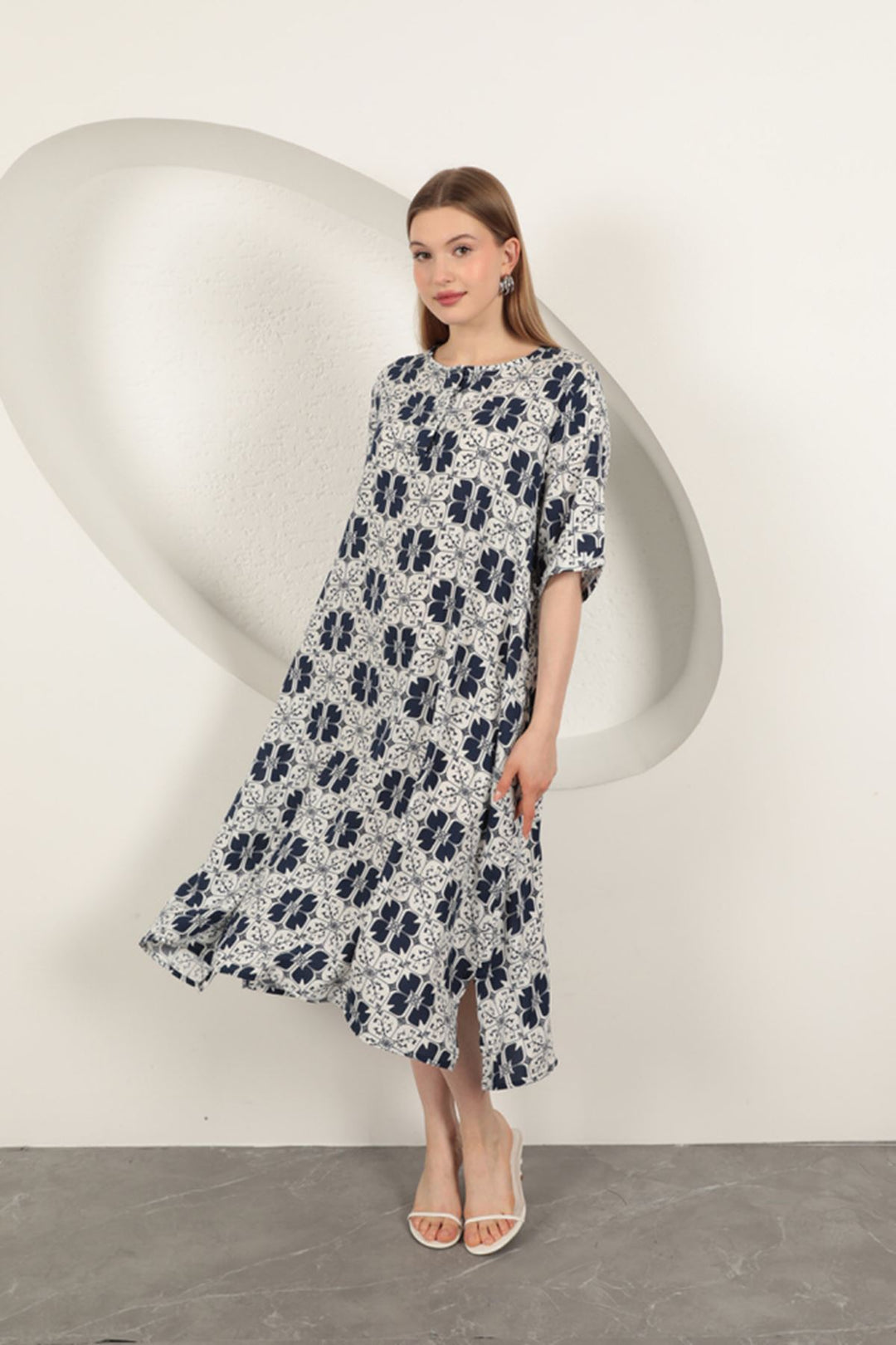 KKT Viscose Fabric Patterned Dress-Navy Blue - Monreale