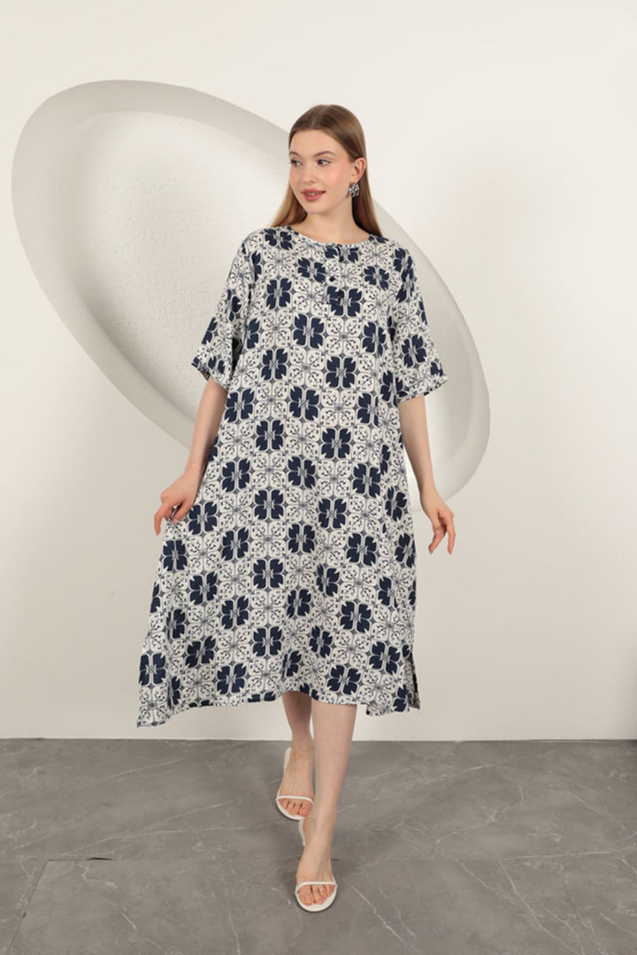 KKT Viscose Fabric Patterned Dress-Navy Blue - Monreale