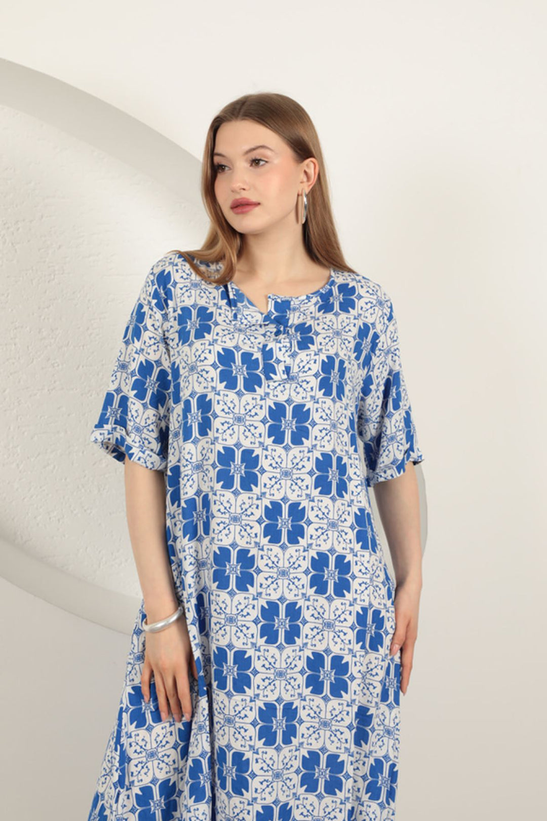 KKT Viscose Fabric Patterned Dress-Sax - Valle Hermoso