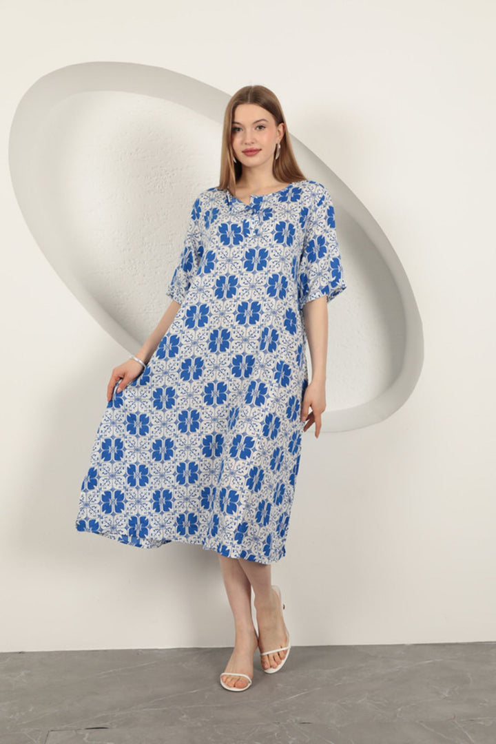 KKT Viscose Fabric Patterned Dress-Sax - Valle Hermoso