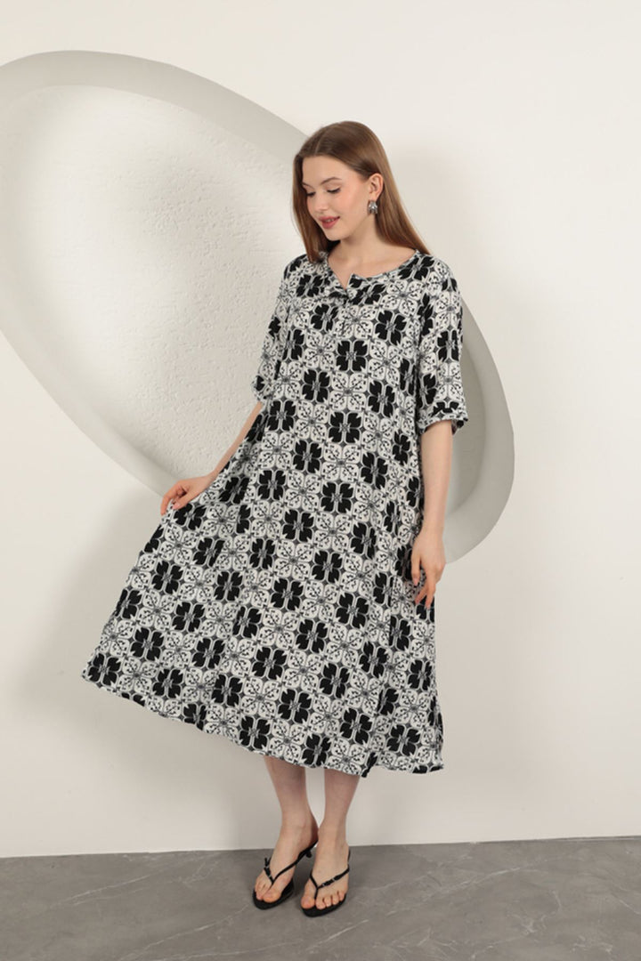 KKT Viscose Fabric Patterned Dress-Black - Valongo