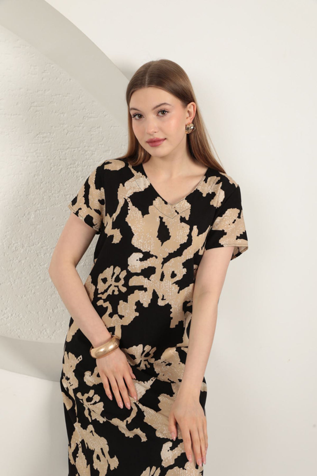 KKT Viscose Fabric Patterned Dress-Black - Frederick