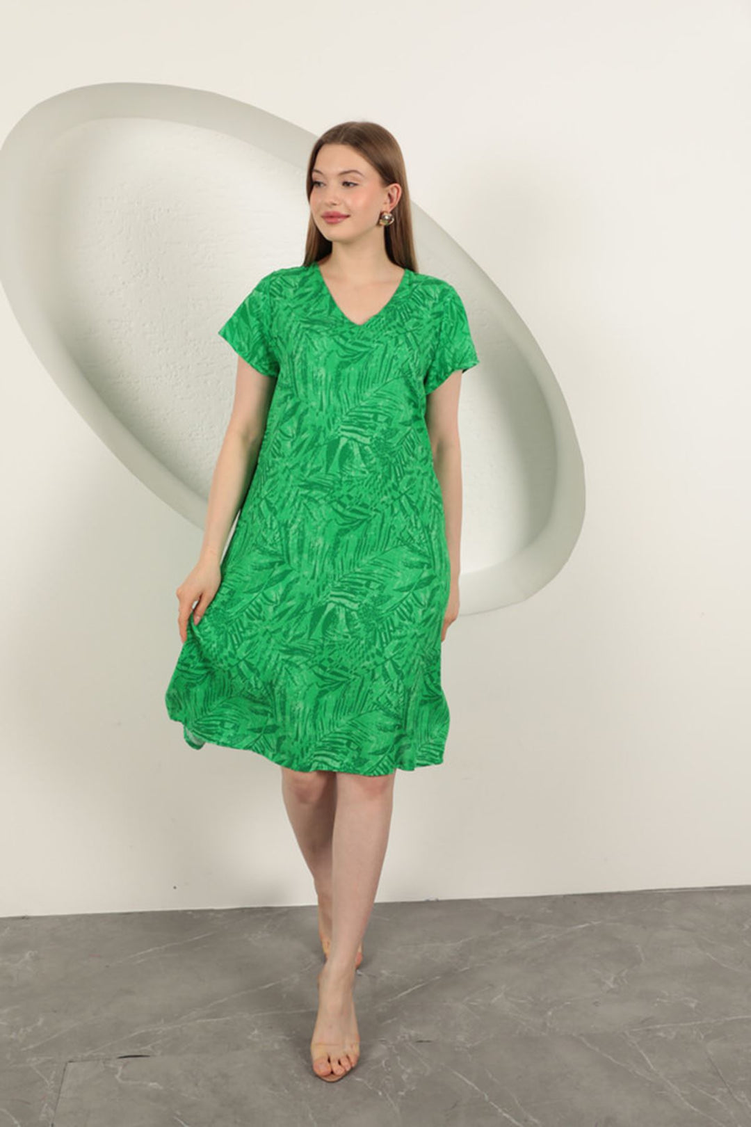 KKT Viscose Fabric Leaf Patterned Dress-Green - Marano di Napoli