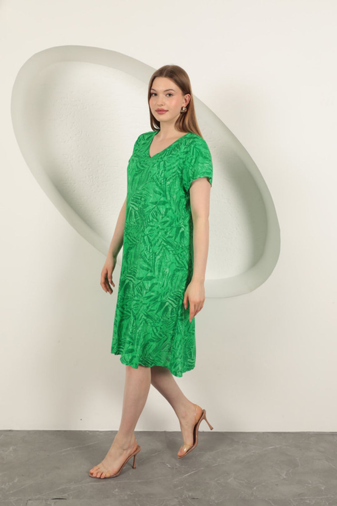 KKT Viscose Fabric Leaf Patterned Dress-Green - Marano di Napoli