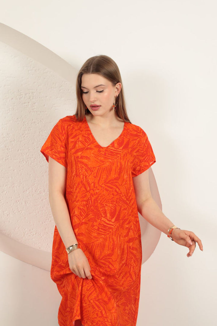 KKT Viscose Fabric Leaf Patterned Dress-Orange - Somerville