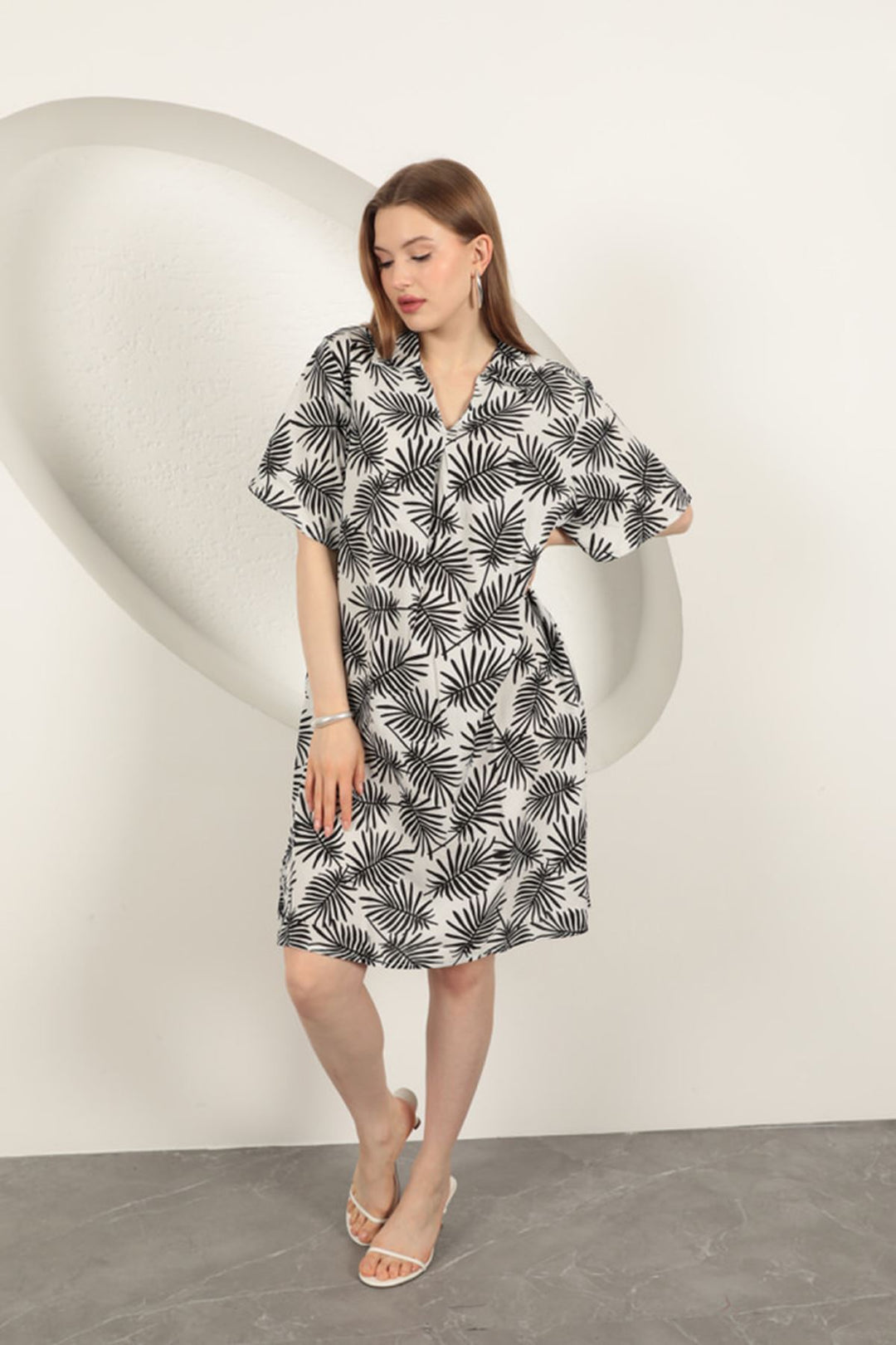KKT Viscose Palm Patterned Dress-Ecru - Waipahu