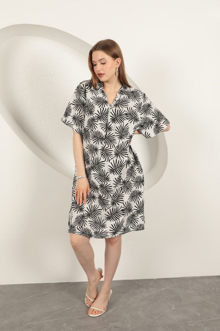 KKT Viscose Palm Patterned Dress-Ecru - Waipahu
