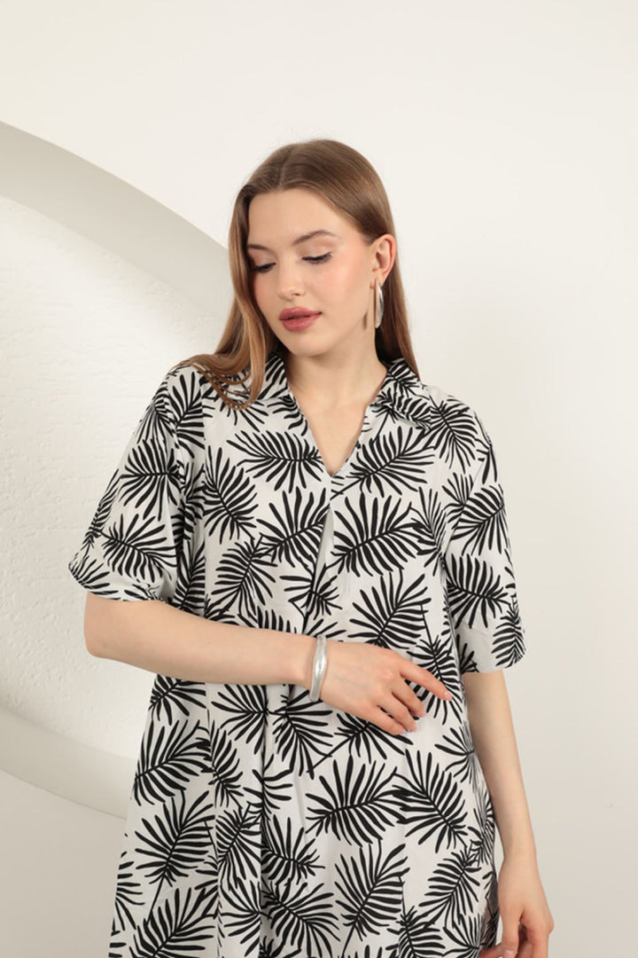 KKT Viscose Palm Patterned Dress-Ecru - Waipahu