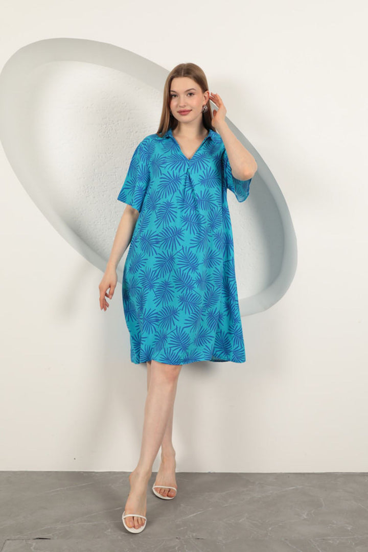 KKT Viscose Palm Patterned Dress-Blue - Valence
