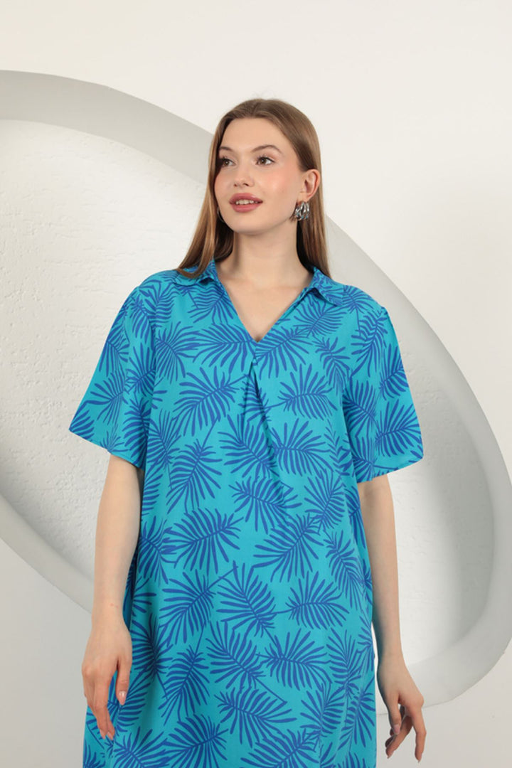 KKT Viscose Palm Patterned Dress-Blue - Valence