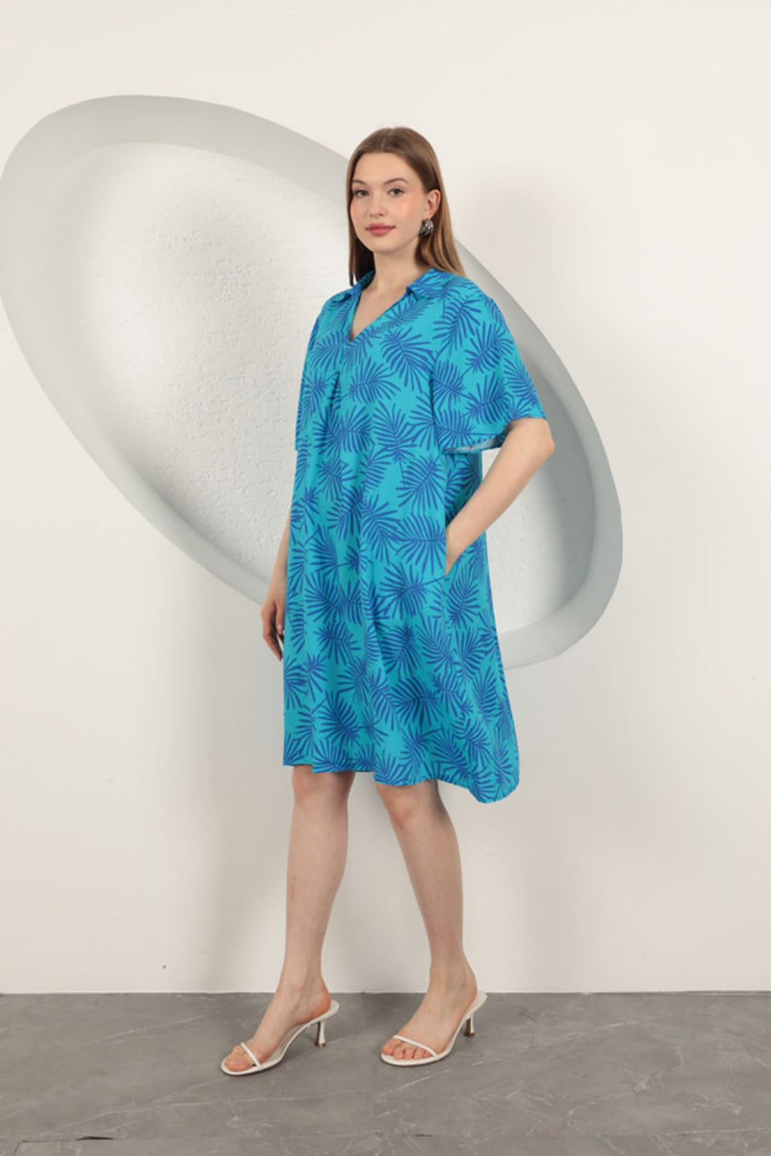 KKT Viscose Palm Patterned Dress-Blue - Valence