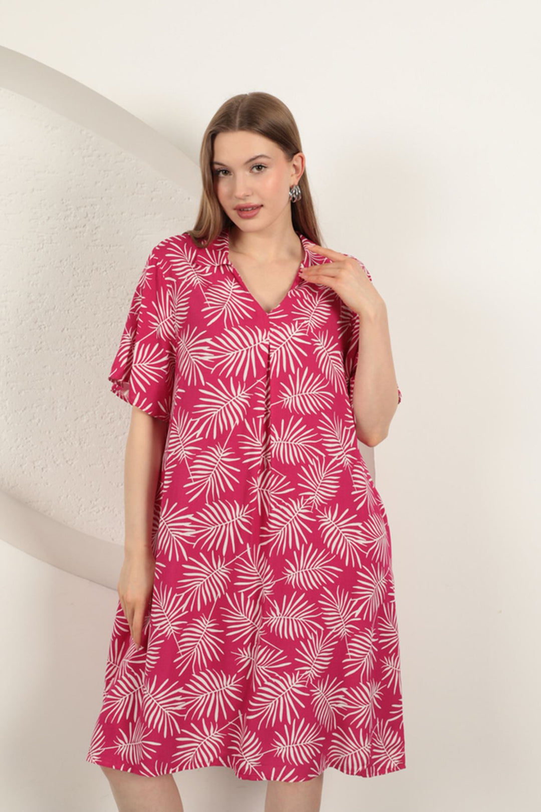 KKT Viscose Palm Patterned Dress-Fuchsia - Washington